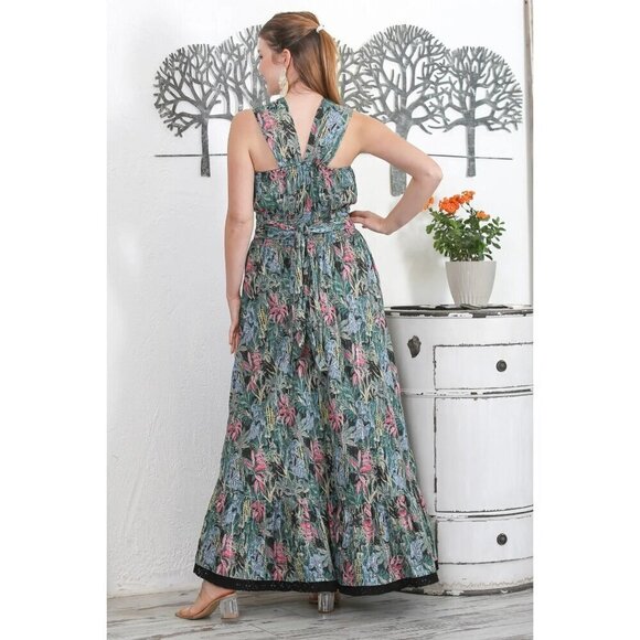 Tropical Print Maxi Dress With Crisscross Straps & Black Lace Trim By Barok - Picture 15 of 15